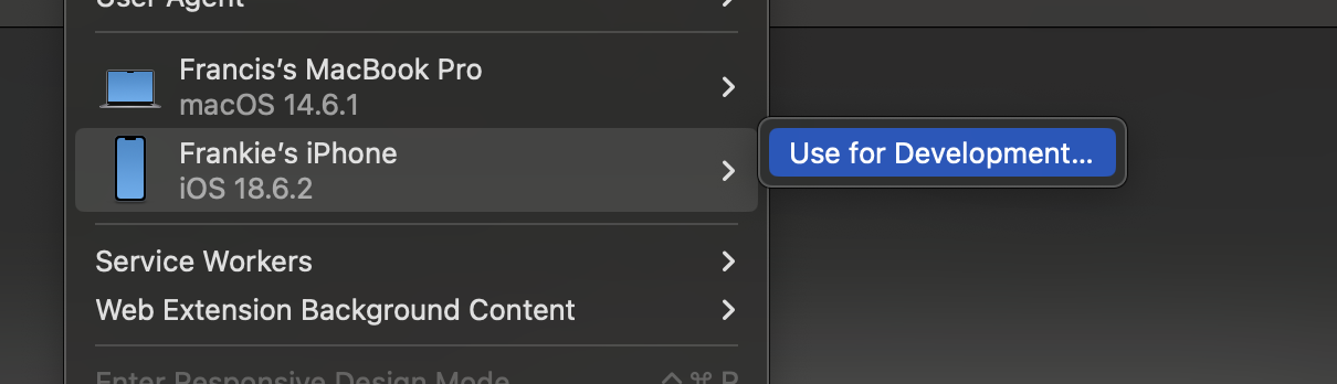 Screenshot of connecting an iPhone using Develop in Safari toolbar