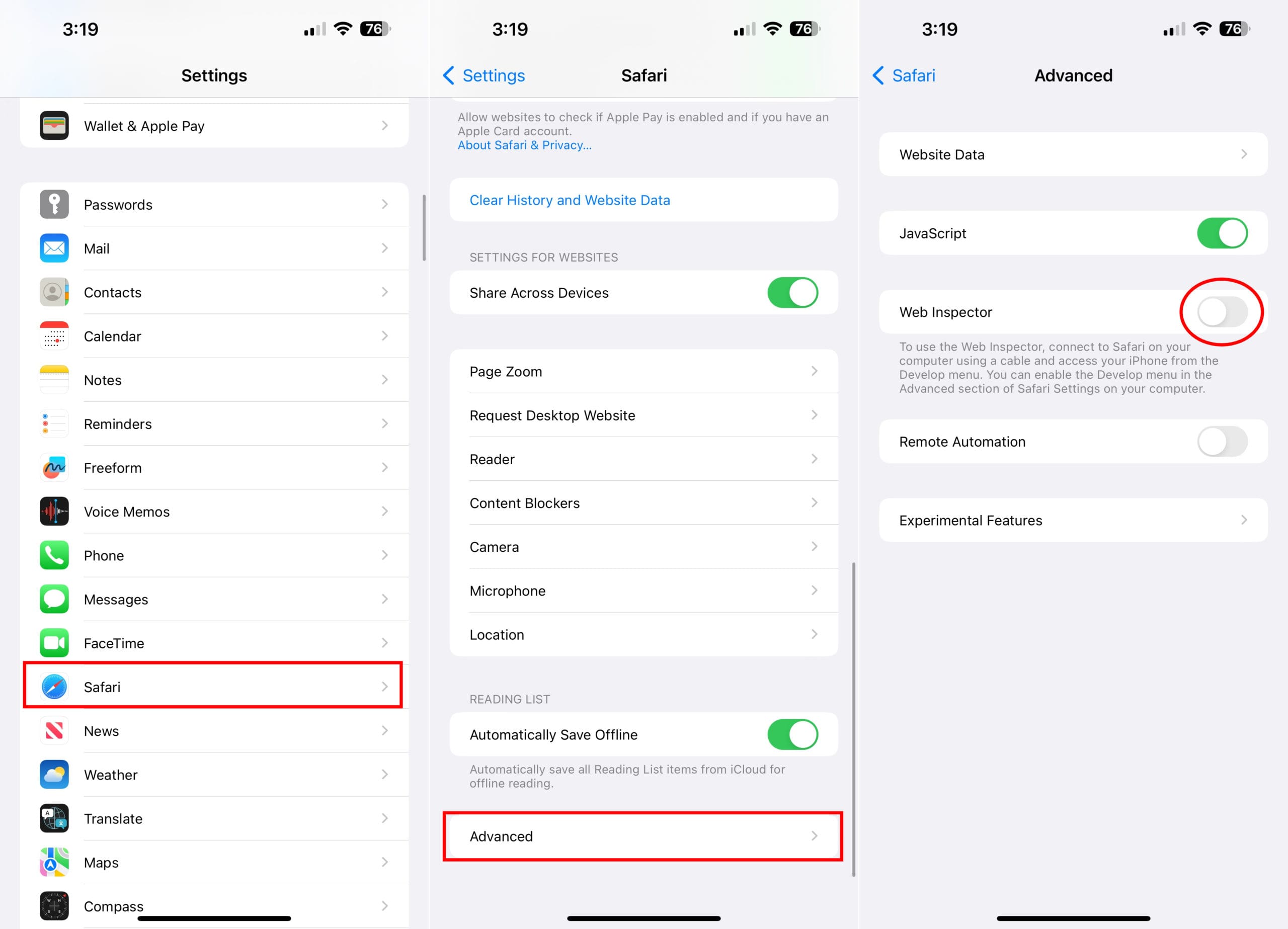 screenshots of iphone/ipad settings to turn on web inspector